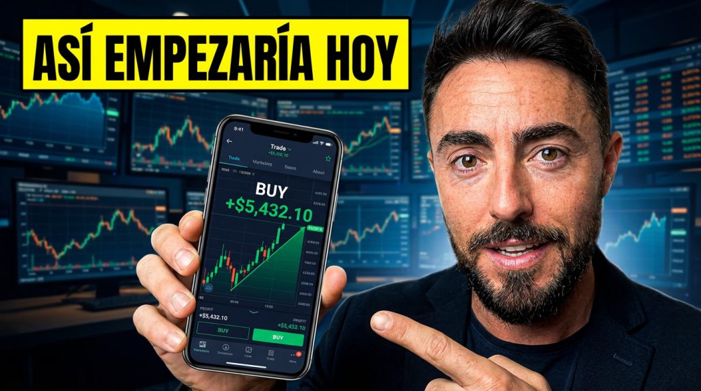 Pol Castella con un teléfono en su mano. Mentor que te enseñará a convertirte en trader.
