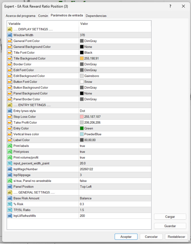 Risk Reward Ratio Position configuración